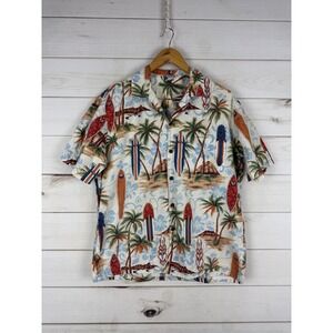 Aloha Republic Shirt Mens Large Hawaiian Surfboard Palm Tree Camp Made USA